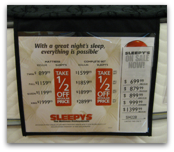 Price tag for a Simmons mattress at Sleepy's.